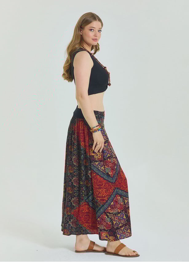 Red Plus Size Skirt with Elastic Waist and Drape Detail 4599